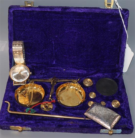 A small brass medallion, engraved with The Lords Prayer, two wristwatches, cased jewellery scales and a silver snuff box.